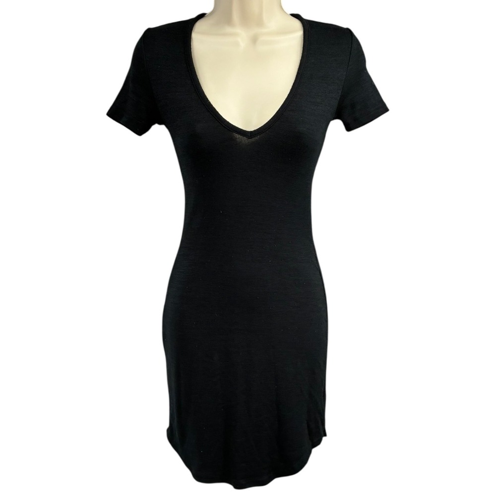 Golden by TNA Aritzia Black Bodycon Mini Dress Deep V Neck Stretch XXS‎